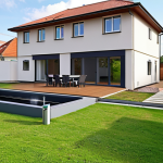 **

A modern house with an underground rainwater harvesting tank installation. Focus on showing the clean lines of the house, the unobtrusive nature of the underground tank (perhaps with a subtle access point visible), and a lush, green garden being watered by the harvested rainwater. Include details like a smart home control panel interface showing water levels and automated irrigation settings. The setting is a contemporary Polish suburb with well-maintained lawns and modern architecture.

**