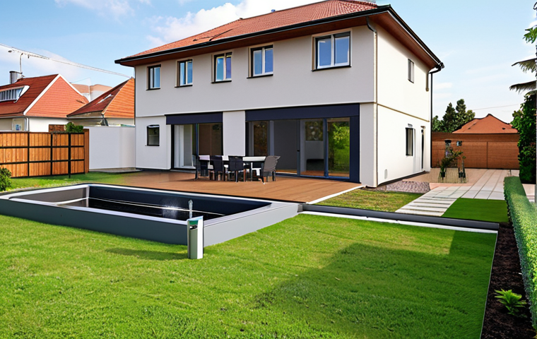 **
A modern house with an underground rainwater harvesting tank installation. Focus on showing the clean lines of the house, the unobtrusive nature of the underground tank (perhaps with a subtle access point visible), and a lush, green garden being watered by the harvested rainwater. Include details like a smart home control panel interface showing water levels and automated irrigation settings. The setting is a contemporary Polish suburb with well-maintained lawns and modern architecture.
**