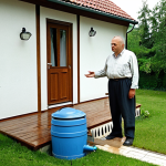 **Image Prompt 1: "The Awakening to Rainwater Harvesting"**
    A Polish homeowner, male or female in their 40s, stands in a neat, typical Polish garden, looking at a visibly high water bill with a look of initial shock turning into contemplation. Behind them, a charming, well-maintained house with clean gutters and downspouts. A decorative, above-ground rainwater barrel (e.g., made to look like wood or stone, common in Poland) is prominently connected to a downspout, visibly collecting water. The scene should convey a sense of a practical, eco-conscious decision being made, with a touch of "before and after" – the initial problem of high costs transforming into the simple, accessible solution of starting rainwater collection. The garden is green and inviting, subtly emphasizing the benefit of watering it with collected rain.