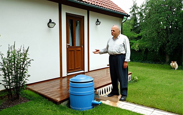**Image Prompt 1: "The Awakening to Rainwater Harvesting"**
A Polish homeowner, male or female in their 40s, stands in a neat, typical Polish garden, looking at a visibly high water bill with a look of initial shock turning into contemplation. Behind them, a charming, well-maintained house with clean gutters and downspouts. A decorative, above-ground rainwater barrel (e.g., made to look like wood or stone, common in Poland) is prominently connected to a downspout, visibly collecting water. The scene should convey a sense of a practical, eco-conscious decision being made, with a touch of "before and after" – the initial problem of high costs transforming into the simple, accessible solution of starting rainwater collection. The garden is green and inviting, subtly emphasizing the benefit of watering it with collected rain.